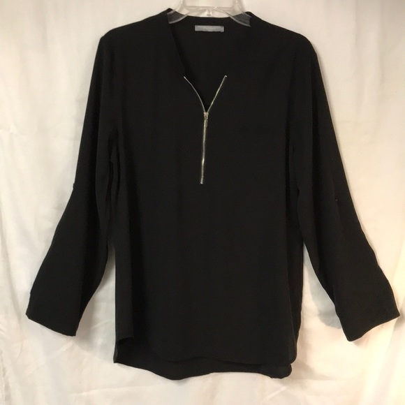 Furnex Women’s Zip front Blouse Top Size L Black Long sleeves Tab up Back Pleat - Picture 1 of 12